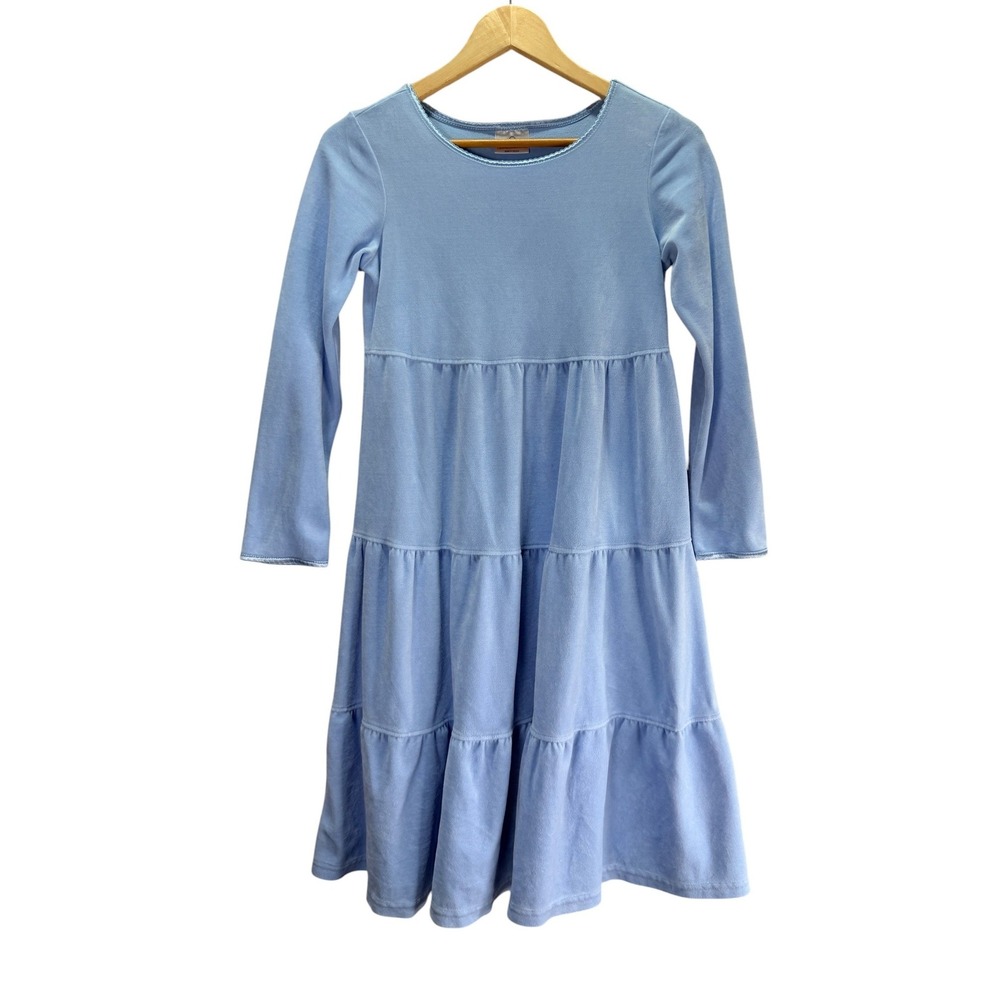 Hanna Andersson Tiered Dress Girls 10 | 140 Blue Velour Long Sleeve Soft Girley